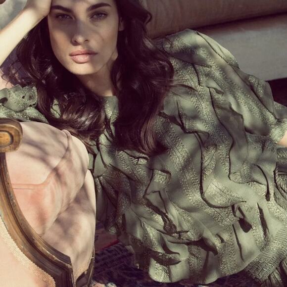 MISA Los Angeles Sedona Ruffle Blouse Womens XS Olive Green Metallic Gold Stripe - Picture 3 of 9